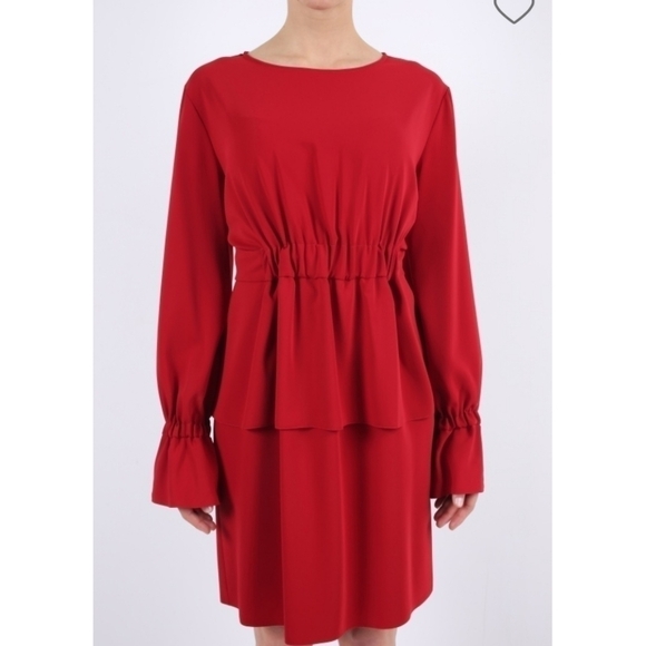 MM6 Maison Margiela Elastic Waist Dress 42 6 Red Flounce Sleeve - Picture 2 of 13